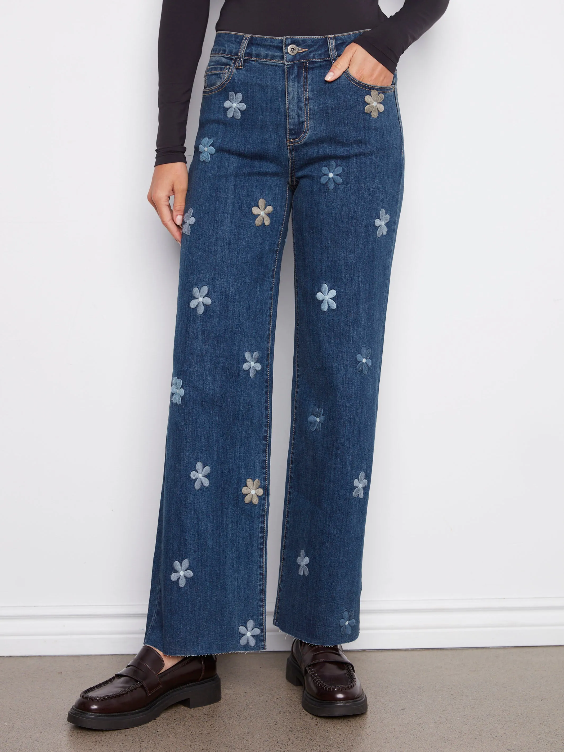 Party Look Sunny Vibes Couple Look Closet Classic Wide Leg Jeans With Flower Patches - Indigo