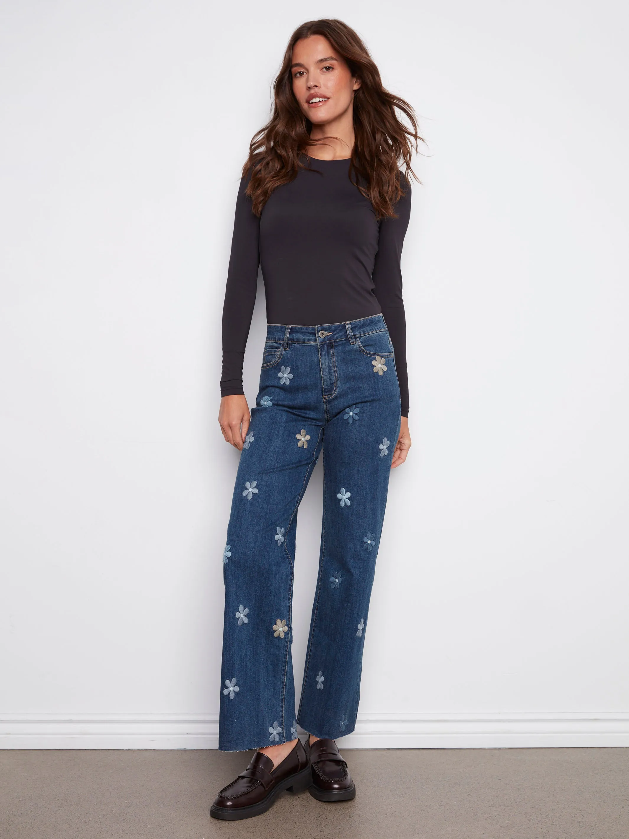 Wide Leg Jeans With Flower Patches - Indigo Reliable Fit Couple Look Modern