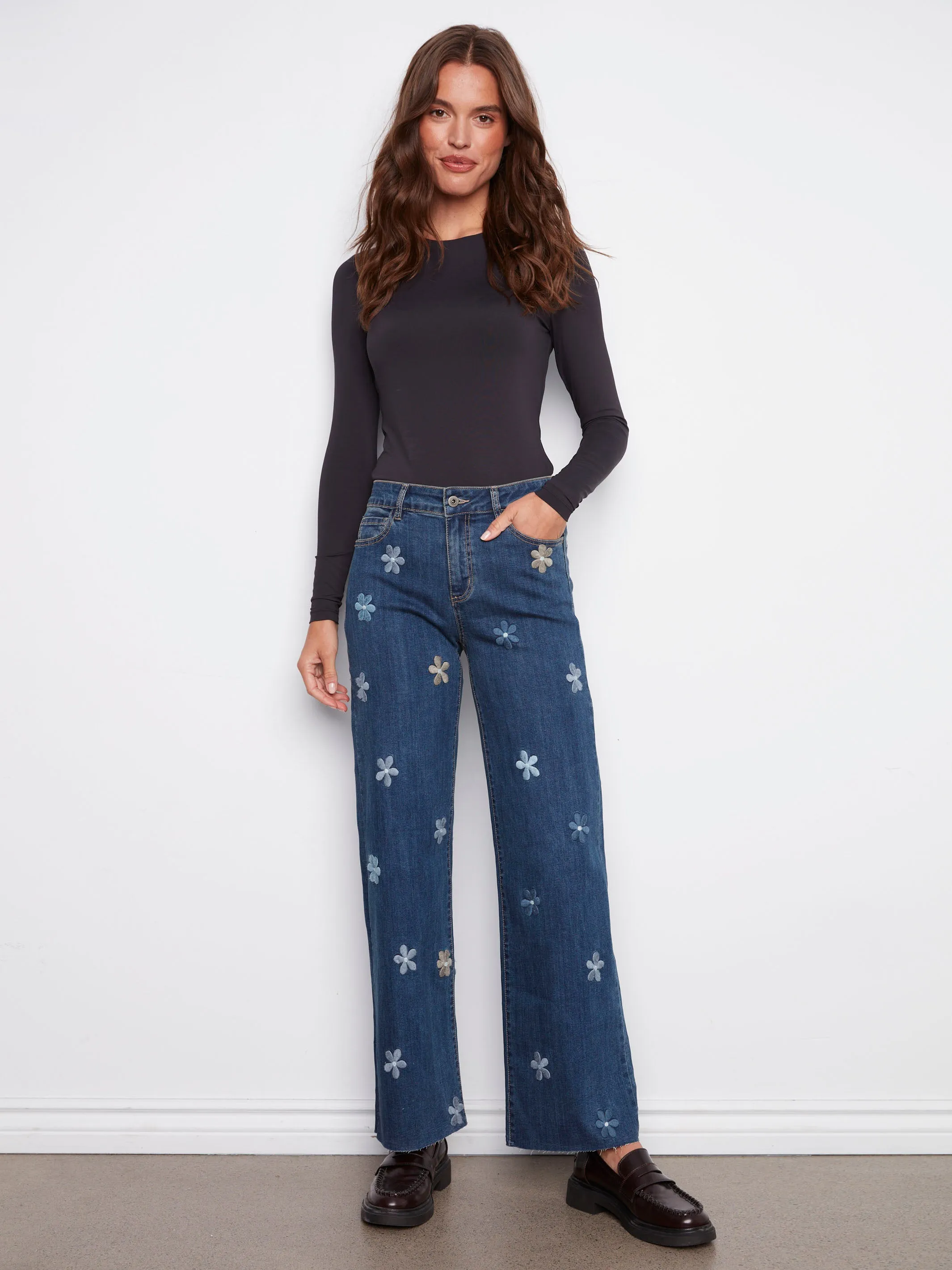 Wide Leg Jeans With Flower Patches - Indigo Customizable Fit