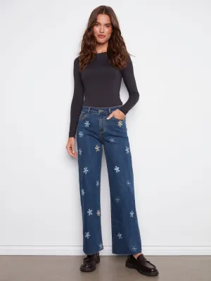 Wide Leg Jeans With Flower Patches - Indigo Customizable Fit