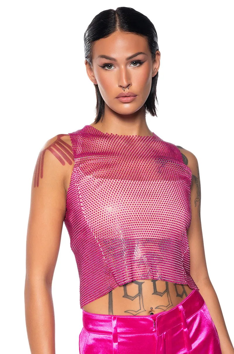 UV protection layer Concealable ZELDA RHINESTONE MESH SLEEVELESS TOP