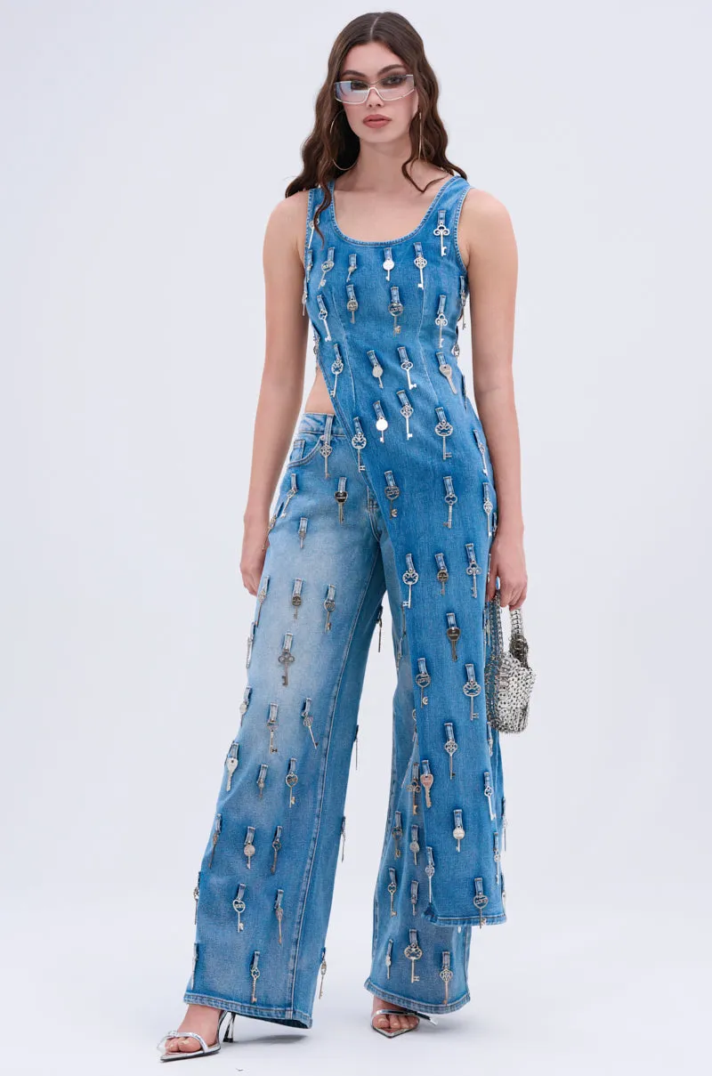 Quick Drying Fabric Drop Hem KEY TO YOUR HEART ASYMMETRICAL DENIM TOP