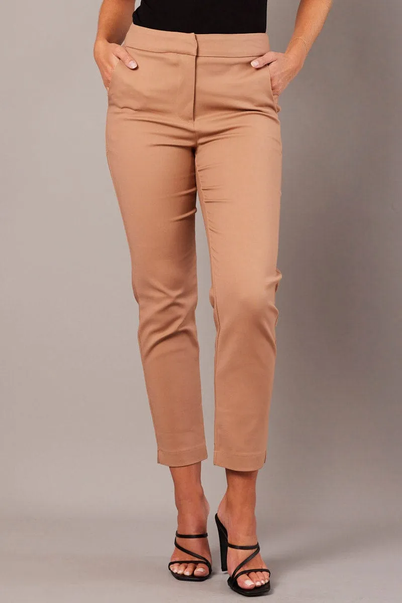 Tailored Fit Brown Slim Pants High Rise