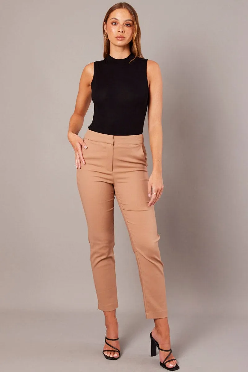 Wrinkle Free Fabric Brown Slim Pants High Rise