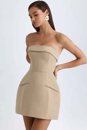 City Star Foldover-Neck Structured Tulip Mini Dress in Camel
