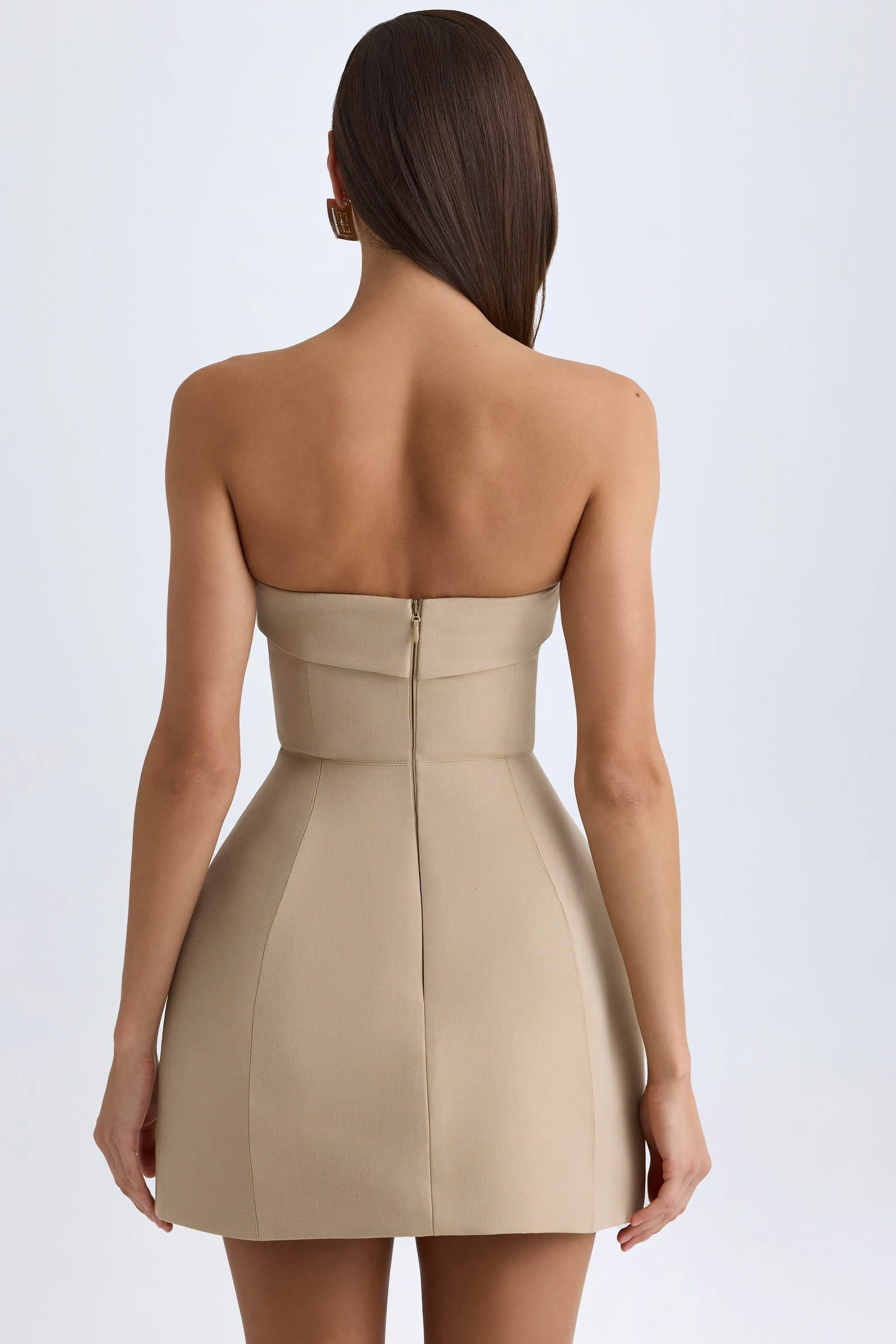 Foldover-Neck Structured Tulip Mini Dress in Camel Trendy Print Star Pop