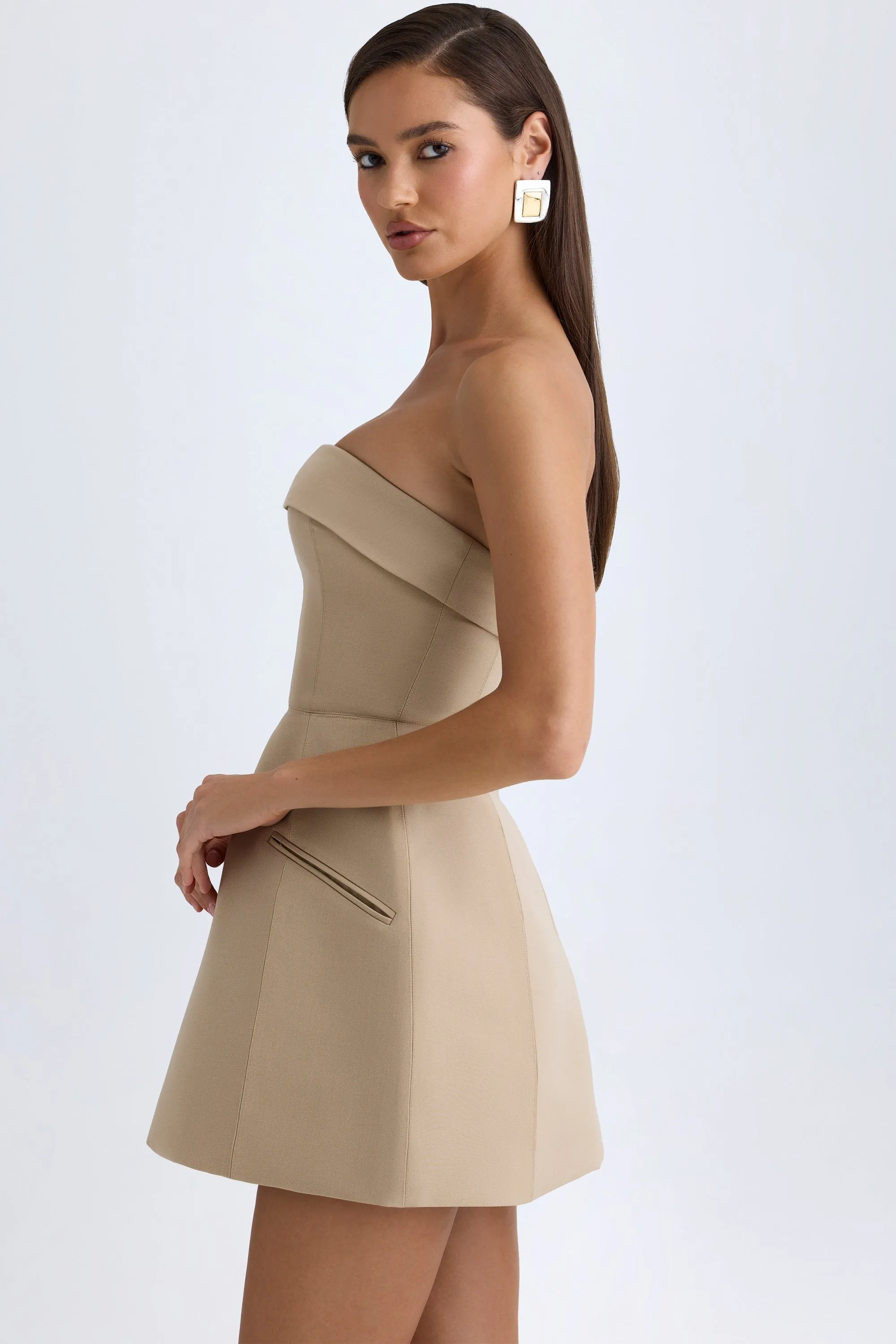 Foldover-Neck Structured Tulip Mini Dress in Camel Ventilated Underarm Panels