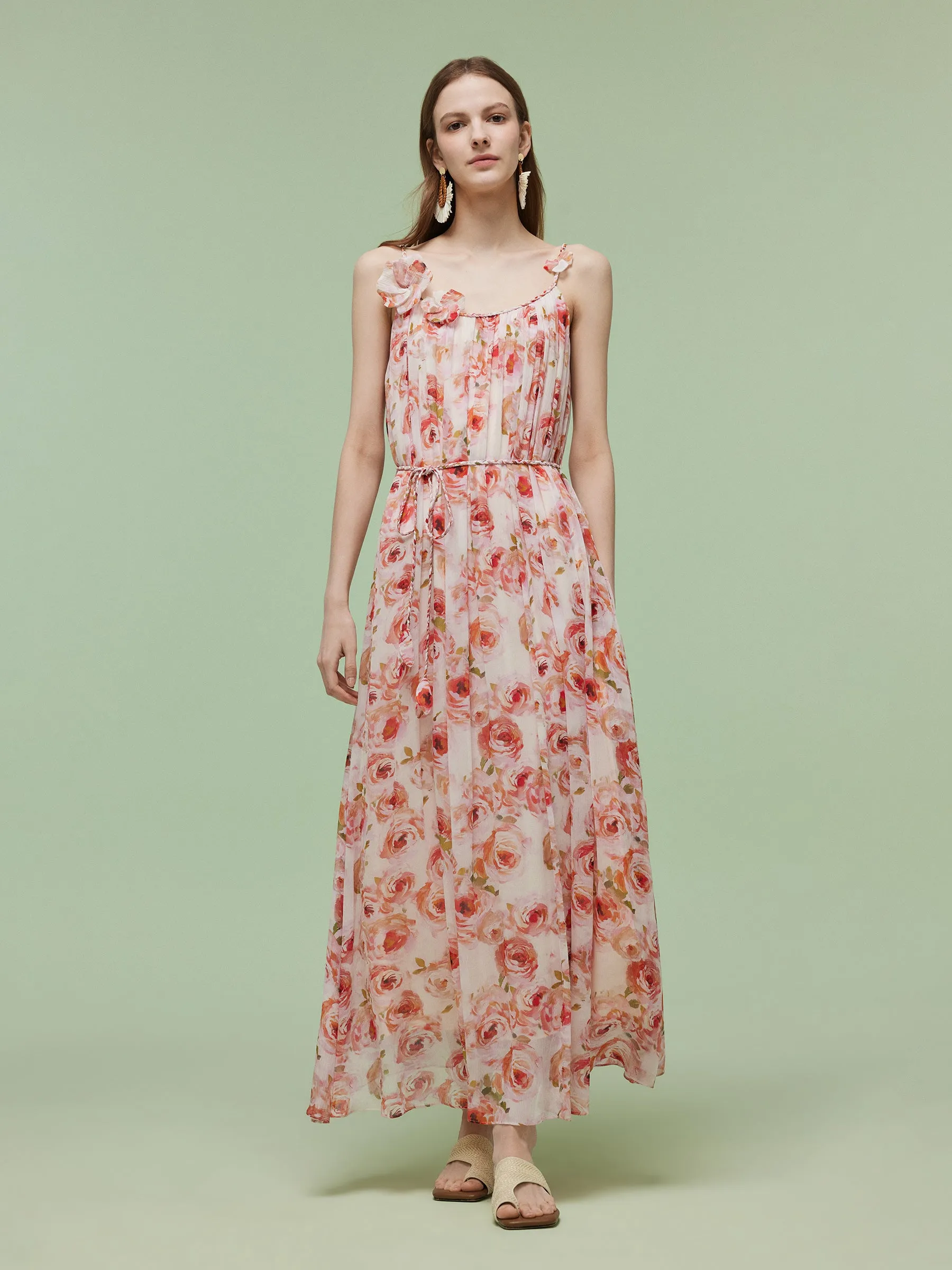 Cool Design 10MM Mulberry Silk Rose Print Women Strap Maxi Dress