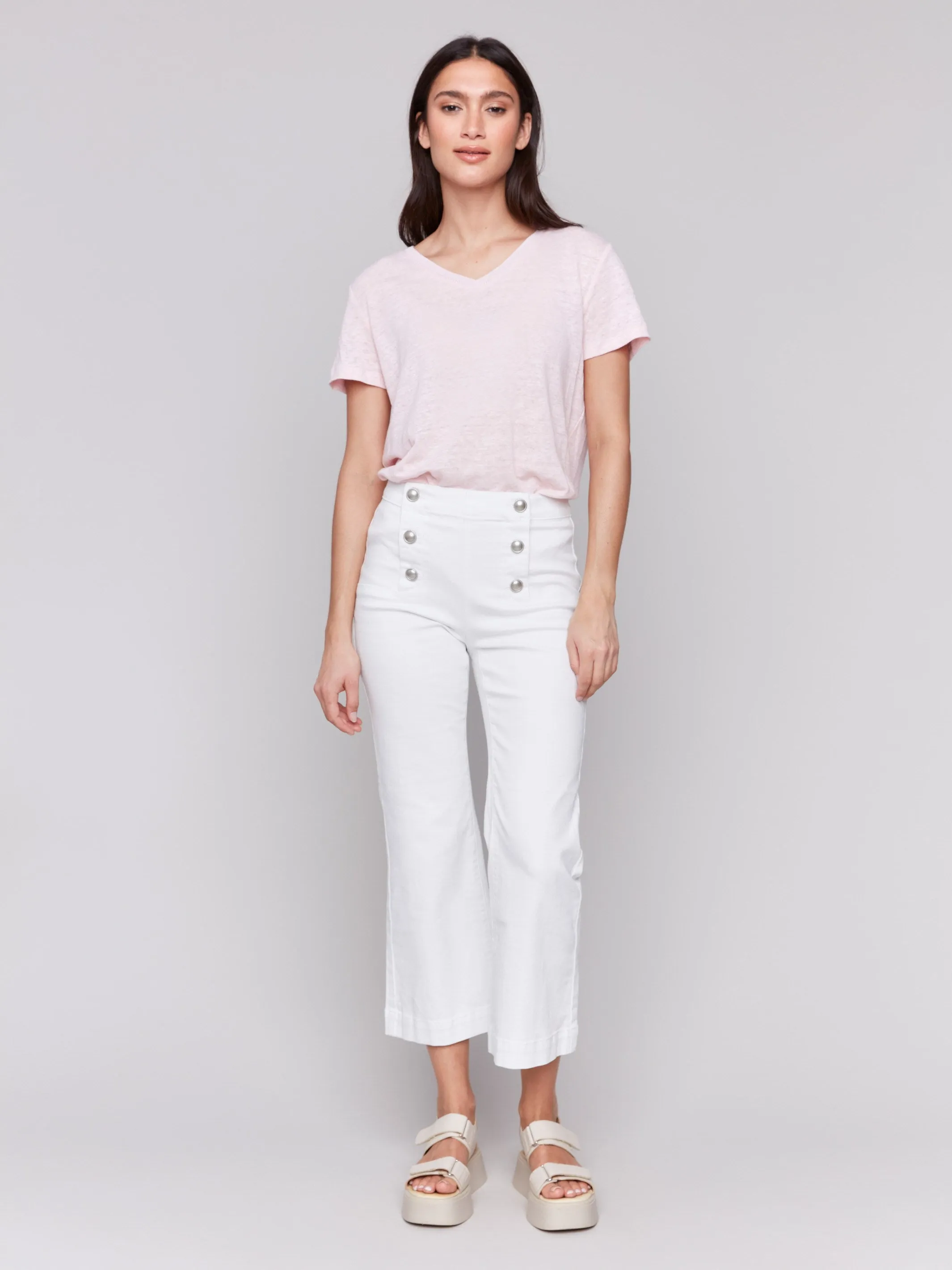 Day Out Style Gym Ready Slim Teen Outfit Cropped Pull-On Flare Jeans with Front Buttons - White