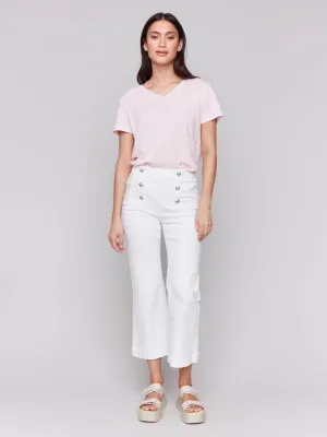 Go To Piece Cropped Pull-On Flare Jeans with Front Buttons - White