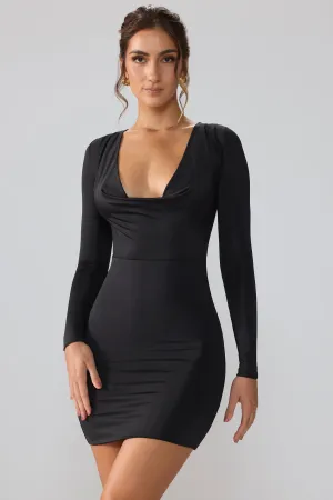 Slinky Jersey Long Sleeve Plunge Neck Mini Dress in Black Hot Season