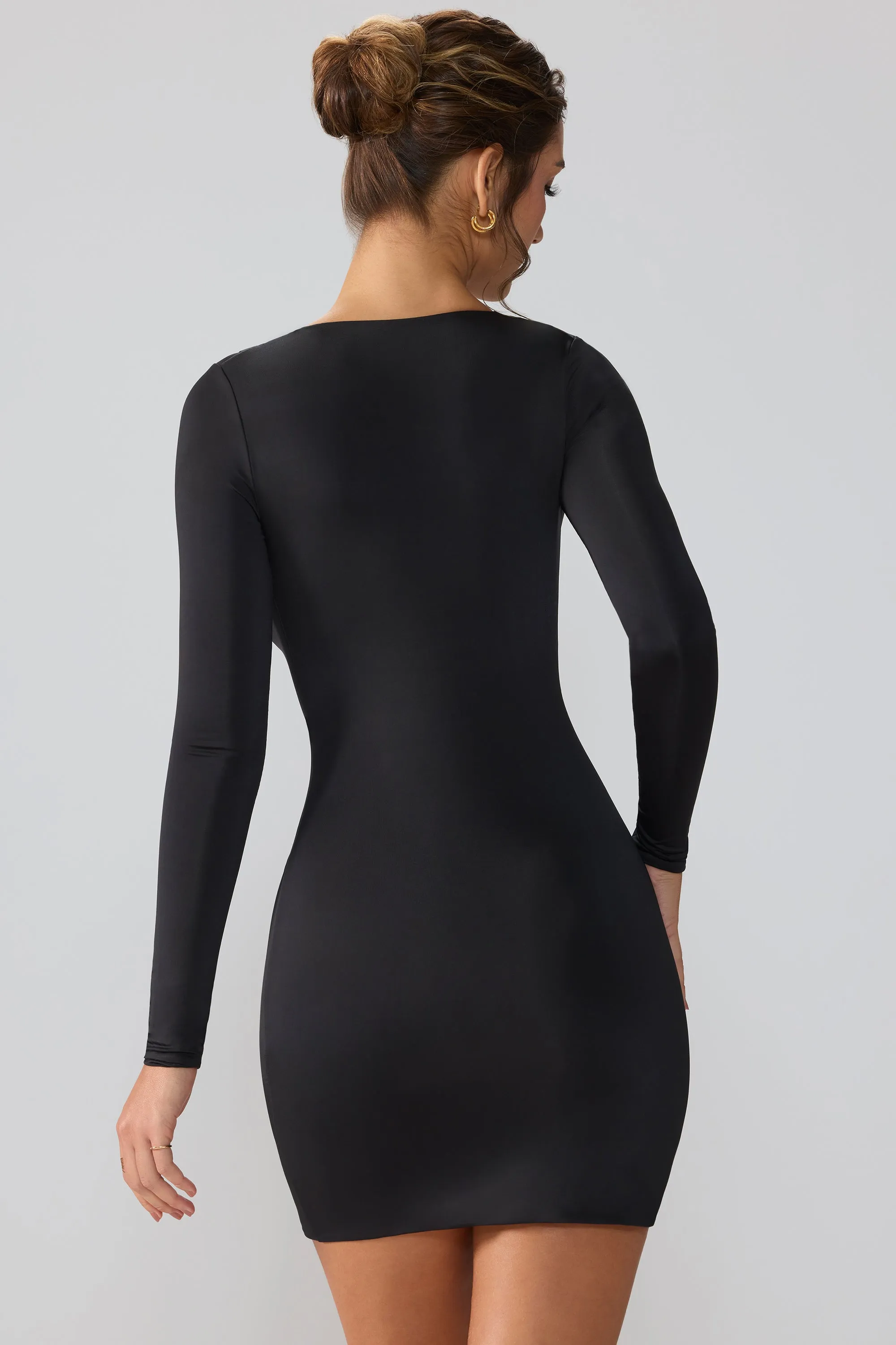 Slinky Jersey Long Sleeve Plunge Neck Mini Dress in Black Stylish Wear
