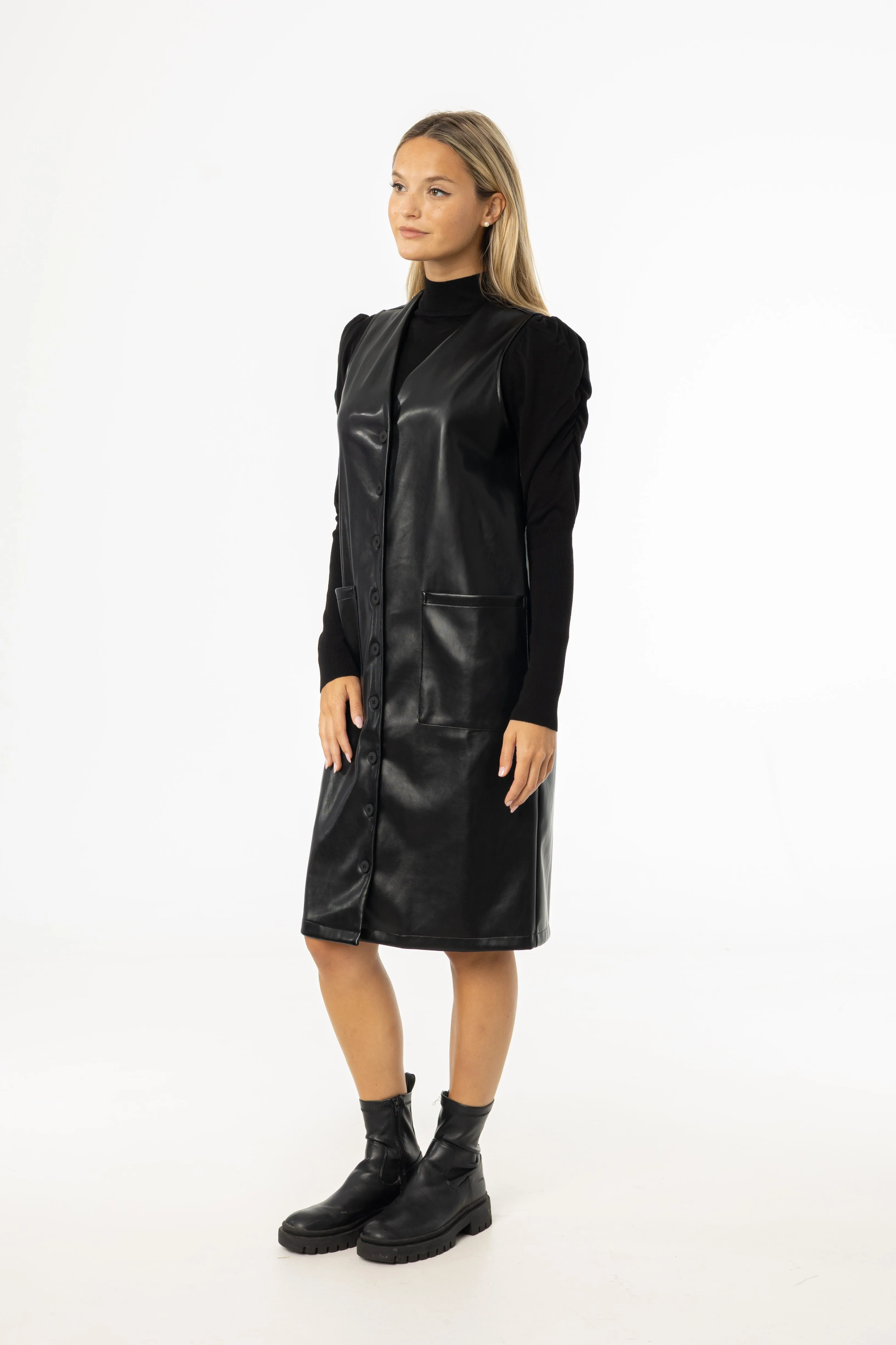 Black Vegan Leather Vest Dress Smart Wear Flexible Hemline