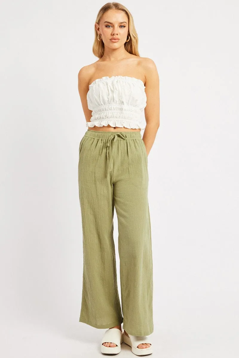 MultiPocketDesign LightweightWeave Green Wide Leg Pants High Rise