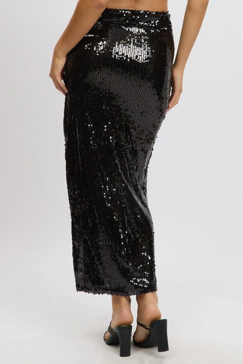 Smart Texture Black Sequins Skirt High Rise Split Maxi