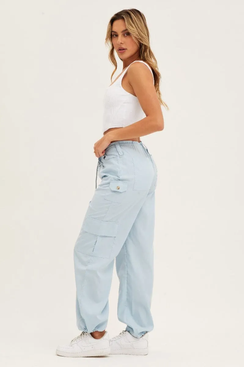 Blue Cargo Parachute Pants Strap Waist Quick Adjust Fit
