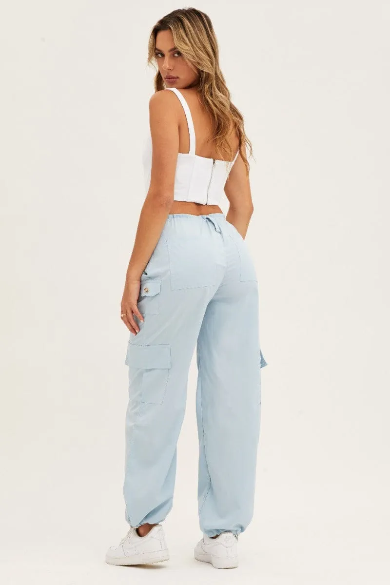 Side zipper Blue Cargo Parachute Pants Strap Waist