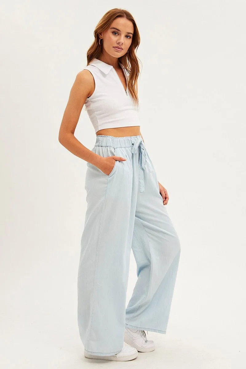Blue Chambray Pant Tie Front Wide Leg pilling resistant Machine washable