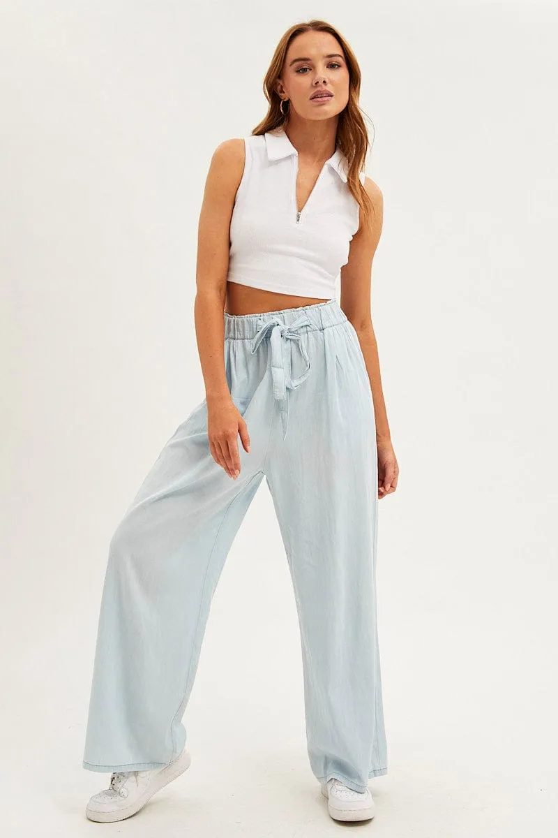 Modern Fit Durable Seams Blue Chambray Pant Tie Front Wide Leg