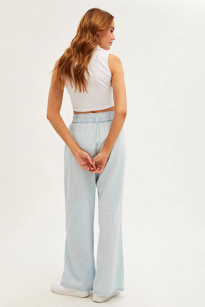 smooth zipper Comfy Wearable Blue Chambray Pant Tie Front Wide Leg