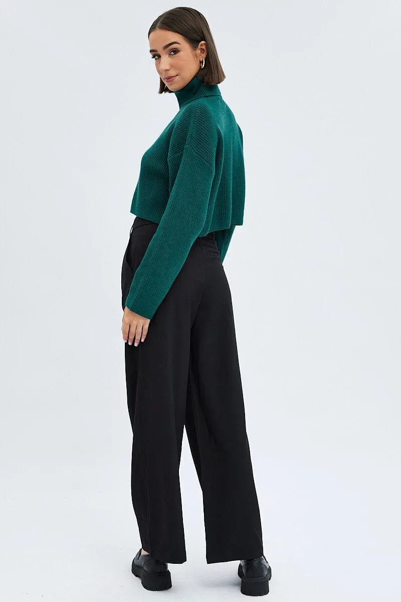 Relaxed Comfort Essential Wearable Black Wide Leg Pants Turn Down Waist Low Rise