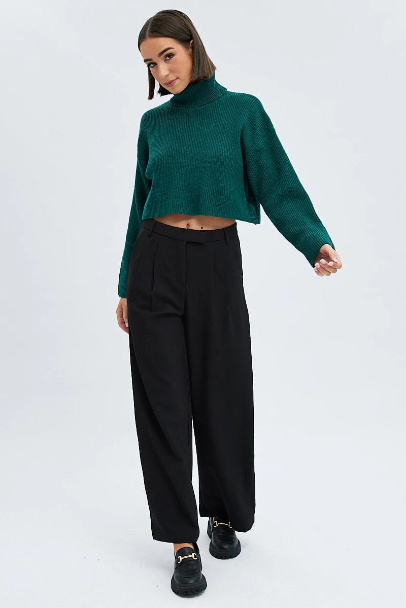Black Wide Leg Pants Turn Down Waist Low Rise Work Comfort Durable Construction