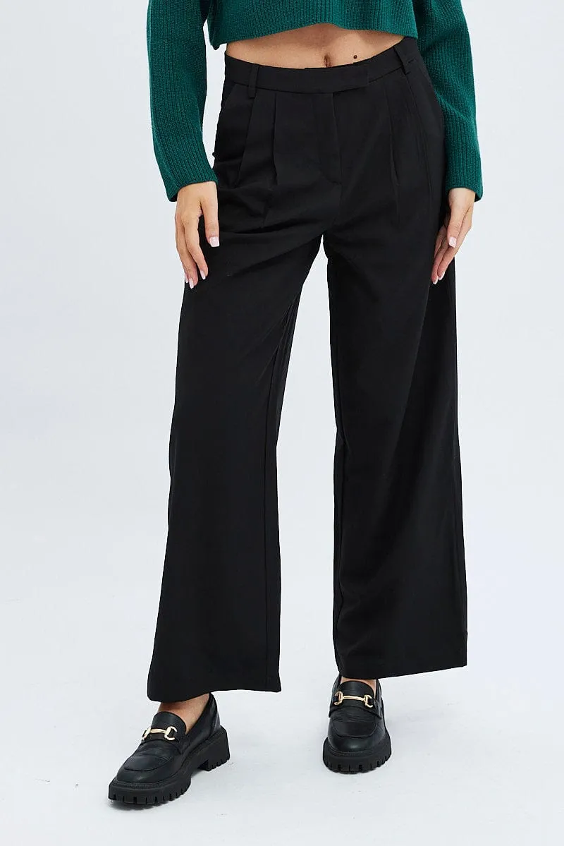 Breathable back panel Black Wide Leg Pants Turn Down Waist Low Rise