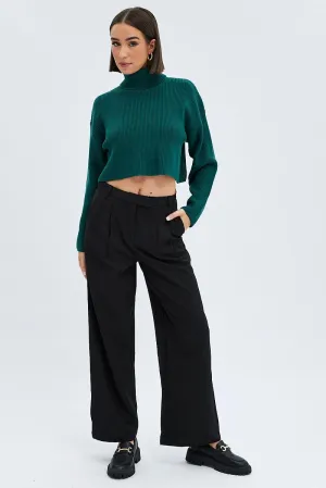 Black Wide Leg Pants Turn Down Waist Low Rise Relaxed Wear