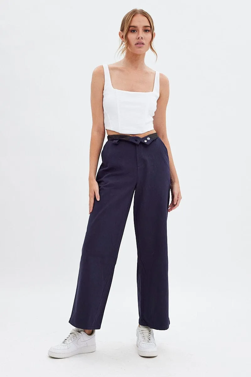 Blue Pant Straight Leg Turned Down Waist Premium Stretch