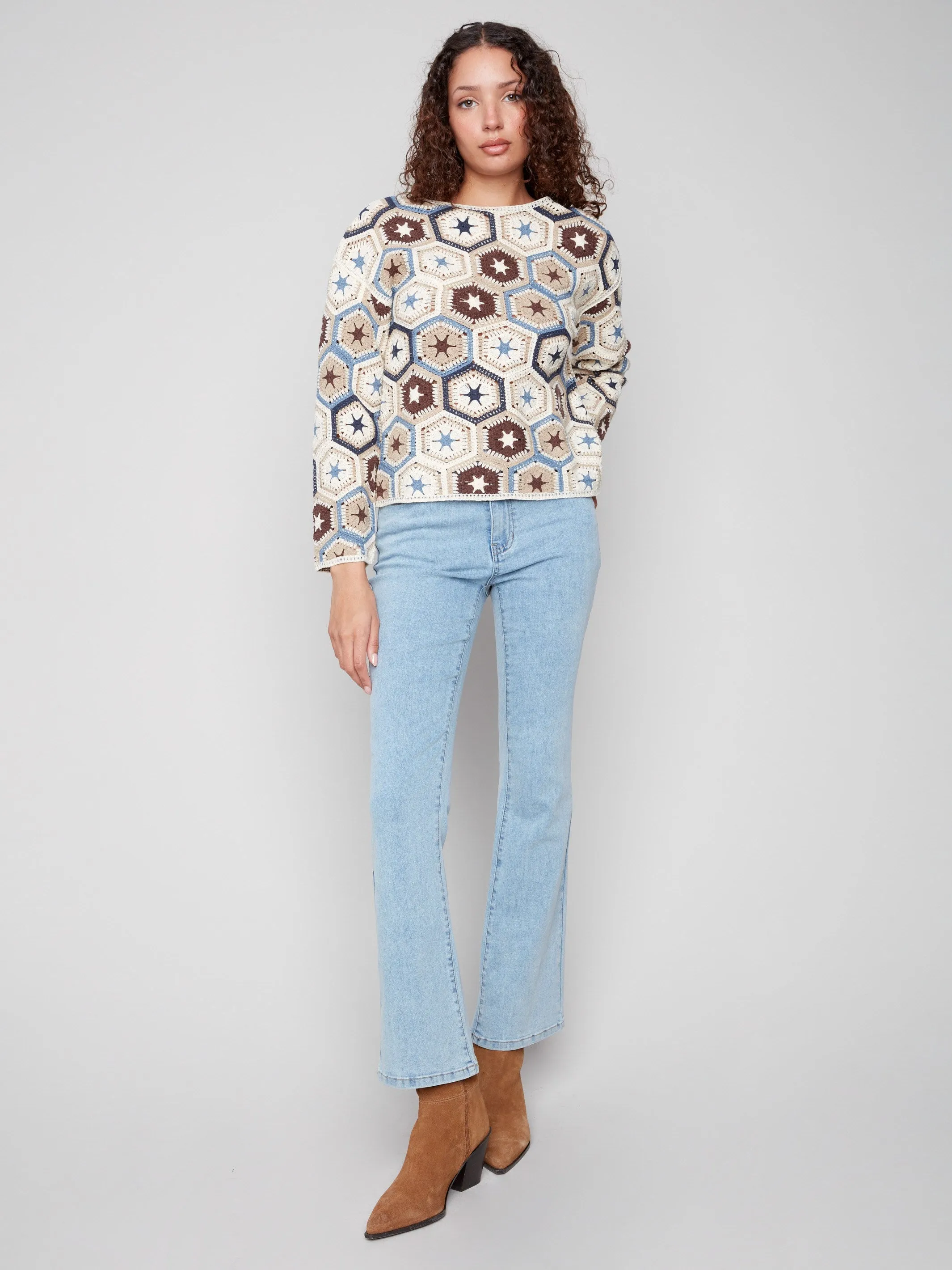 Cozy Piece Crochet Boat Neck Top - Oxford