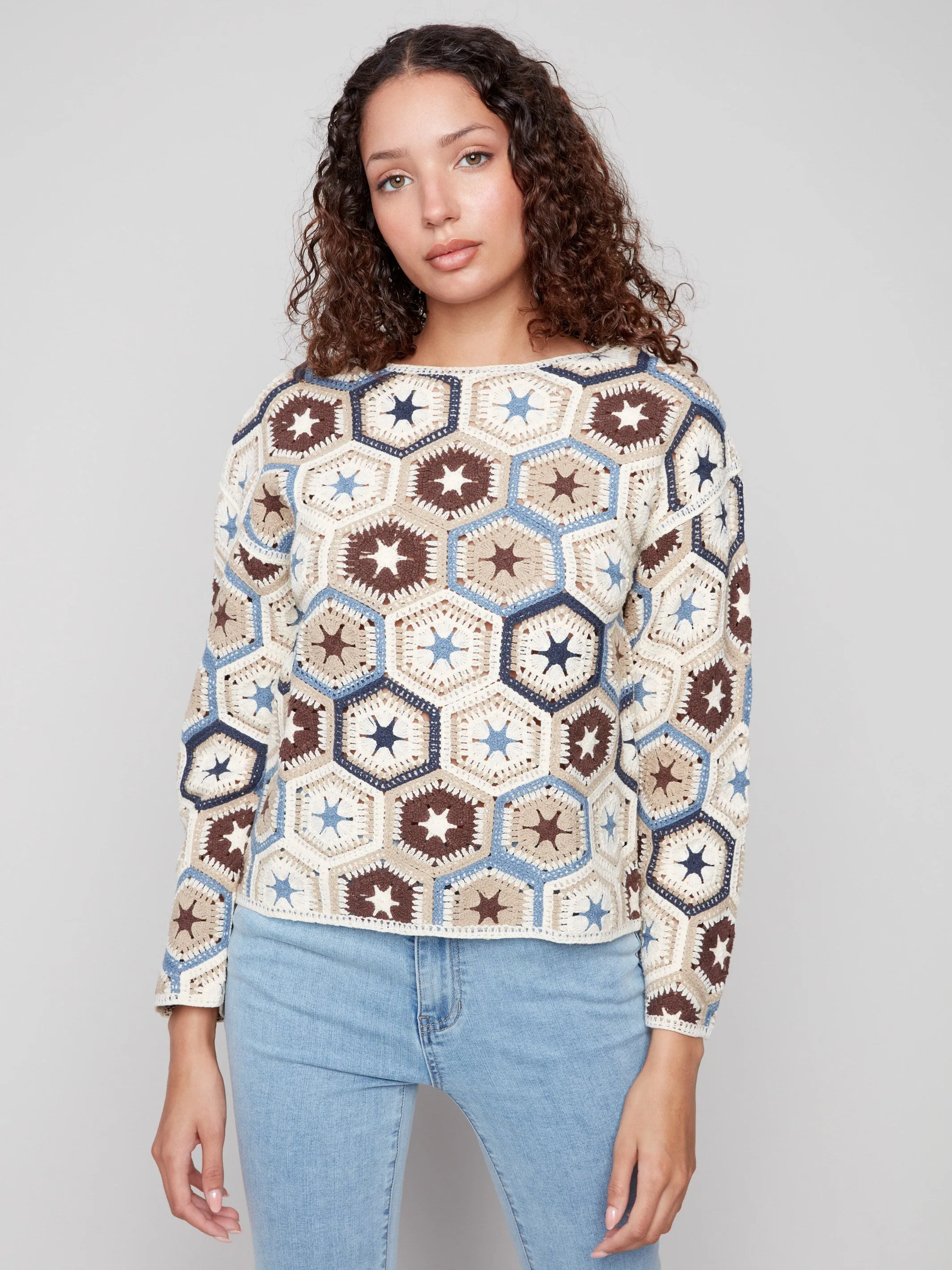 Natural Fiber Blend Crochet Boat Neck Top - Oxford