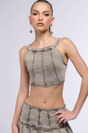 STAND ON MY BUSINESS MINERAL WASH DENIM STUDDED SLEEVELESS TOP Anti Odor Treatment Easy Care Washing Cycle
