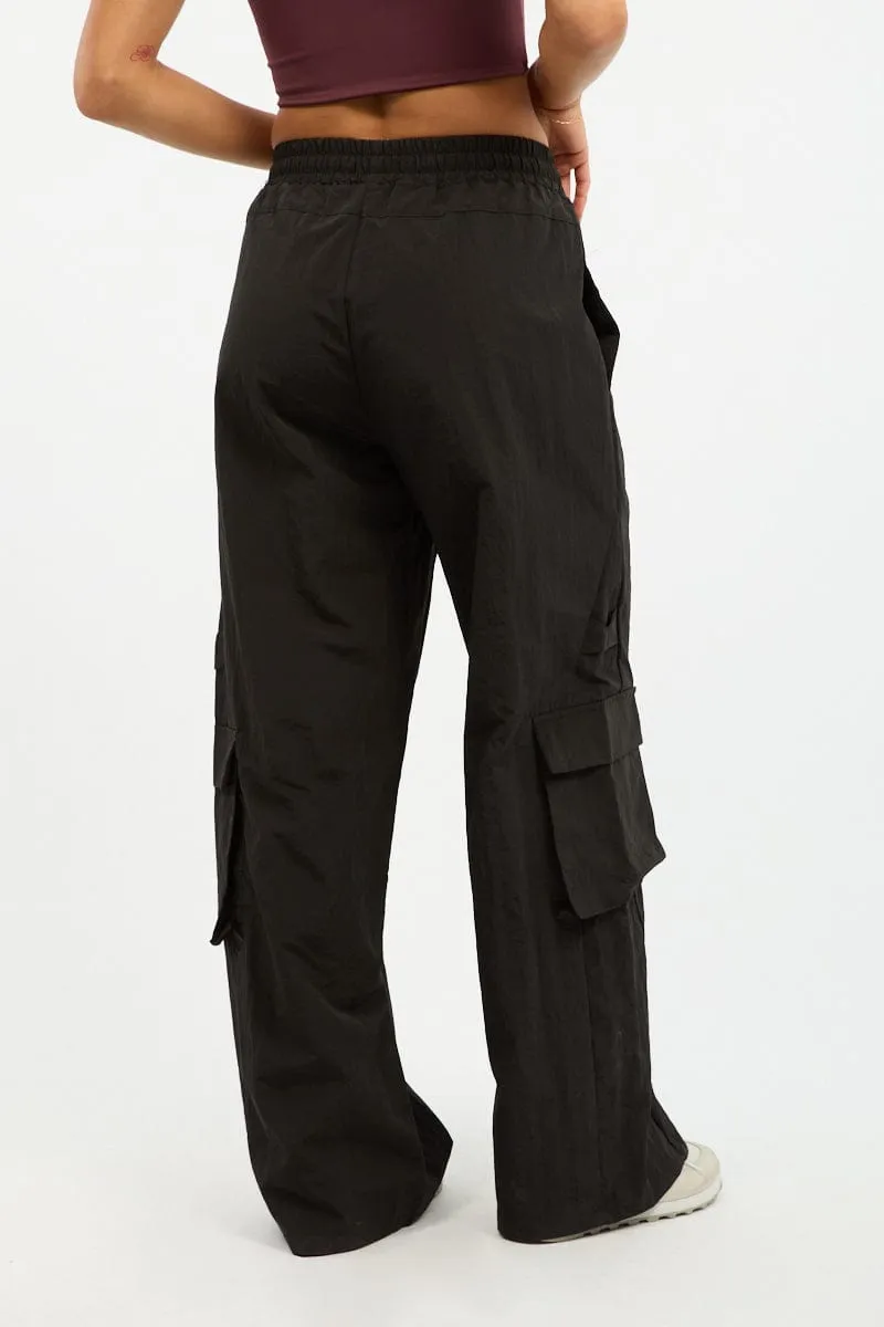 Soft Touch Material WaterRepellent Black Cargo Pants High Rise