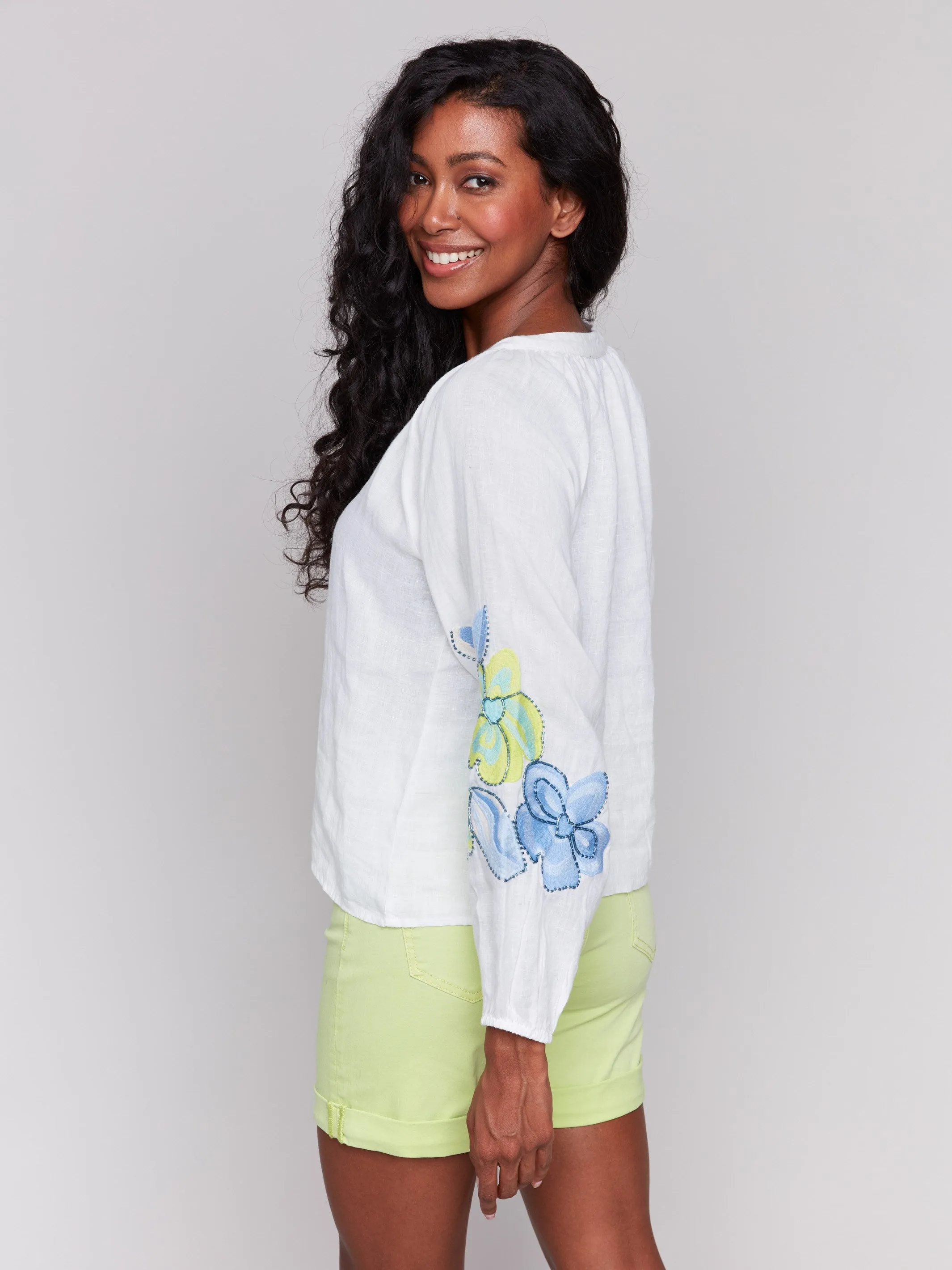 Linen Blend Button-Front Embroidered Blouse - Anise Fine Weave Brave Mode