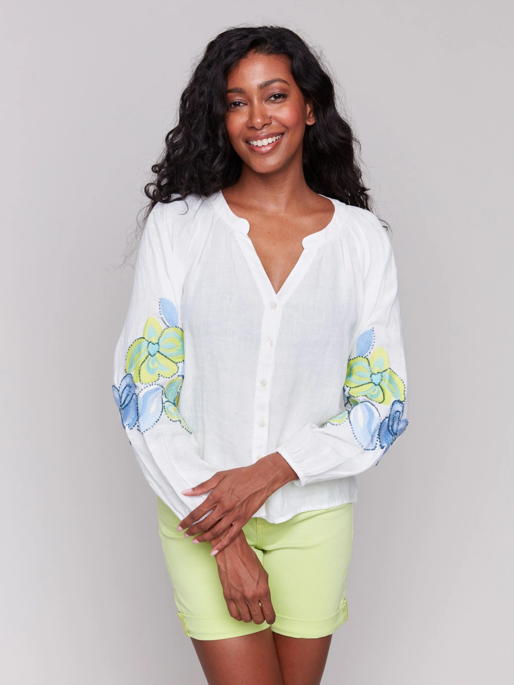 Linen Blend Button-Front Embroidered Blouse - Anise PressureRelief Seams
