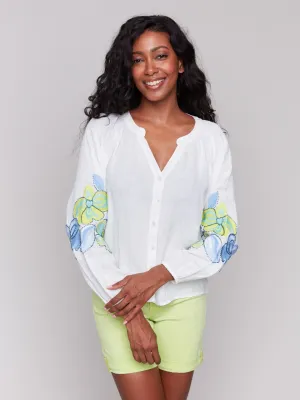 Linen Blend Button-Front Embroidered Blouse - Anise PressureRelief Seams