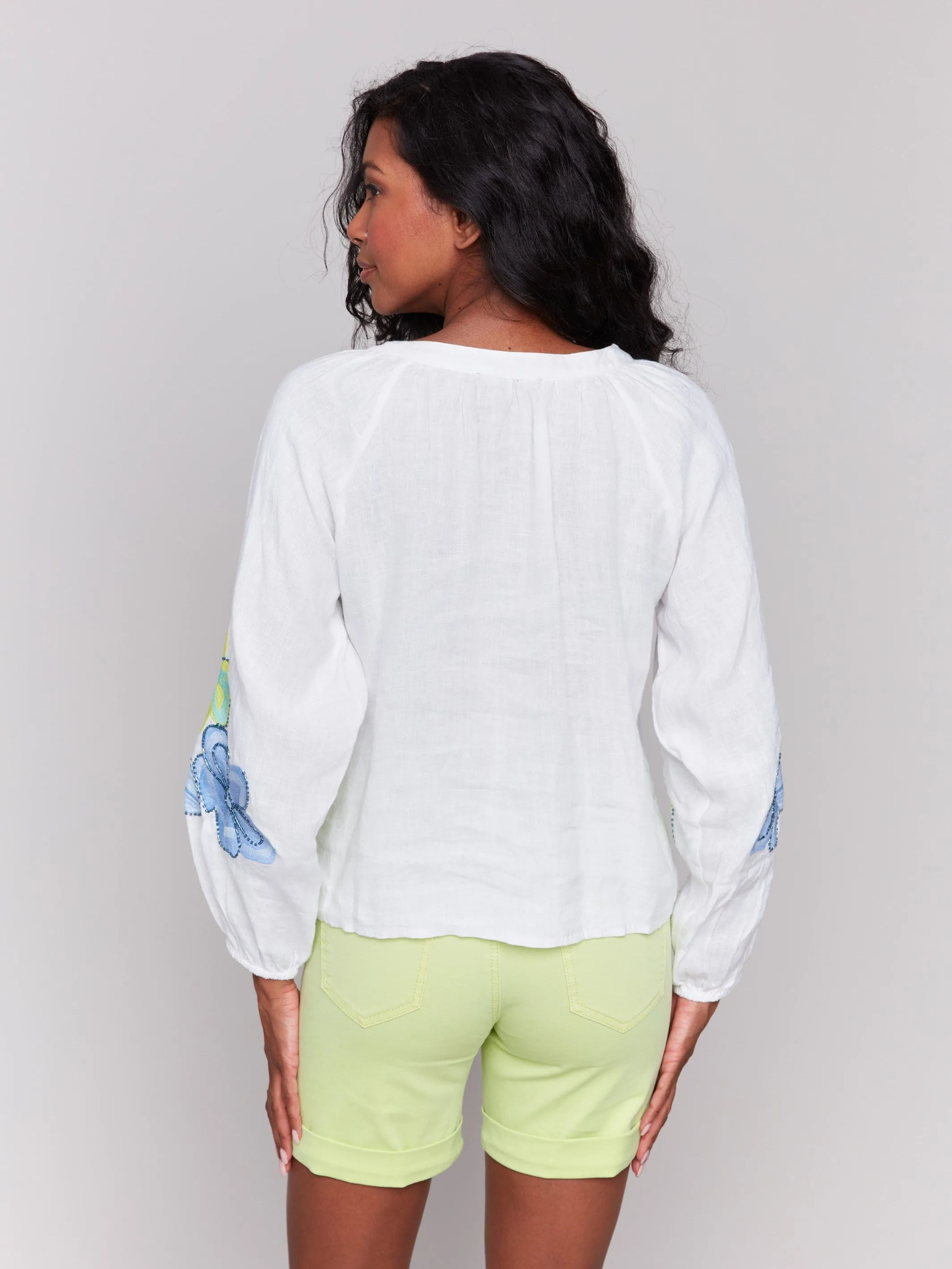 NonRestrictive Fit Stretch Fabric Linen Blend Button-Front Embroidered Blouse - Anise