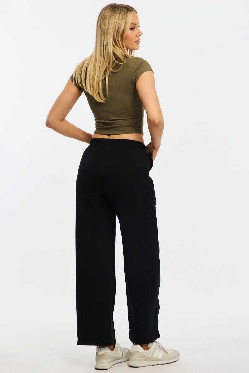 Anti Static Lining Black Track Pants Wide Leg