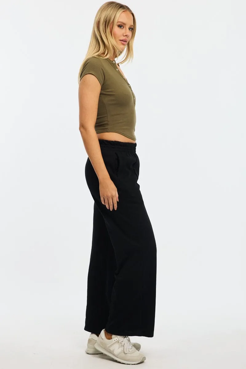 Softened Hem Black Track Pants Wide Leg