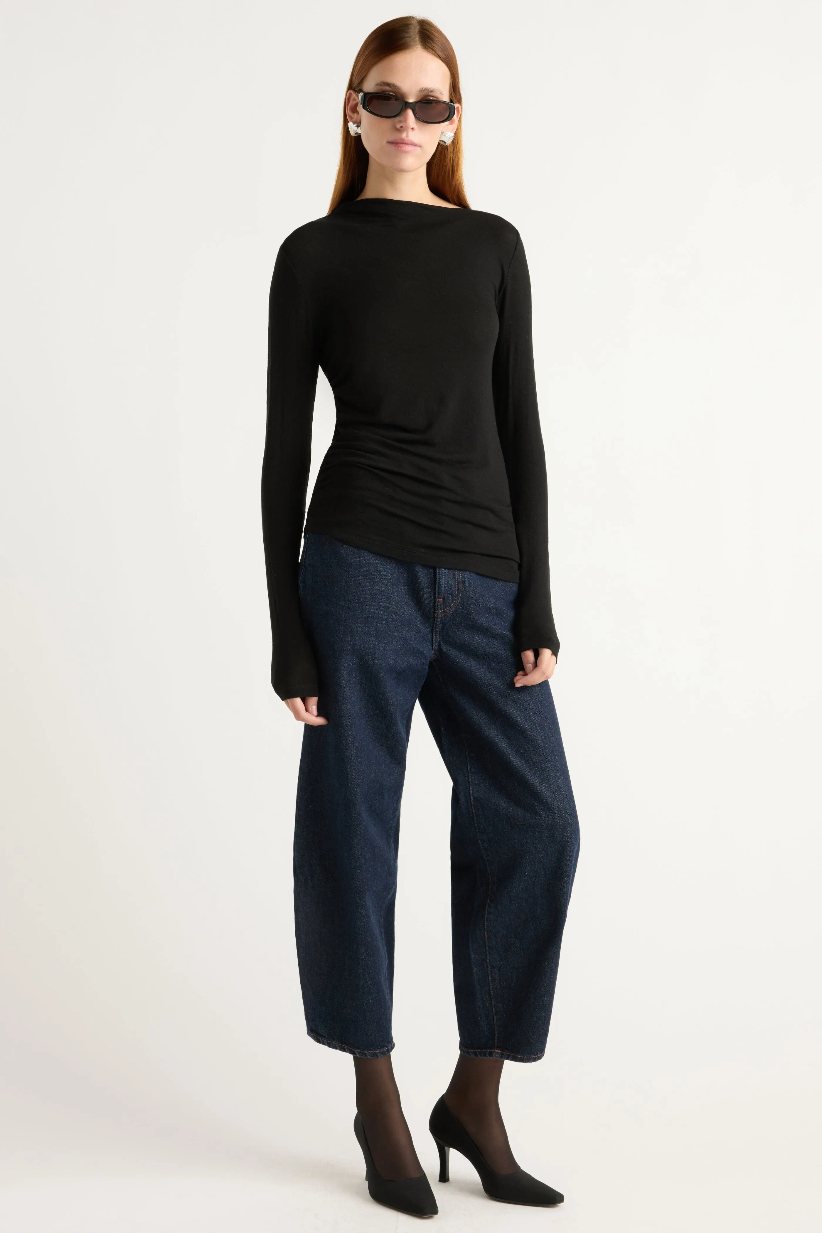 Comfortable Wear Vittoria Asymmetric-Neck Semi-Sheer Ruched Tee