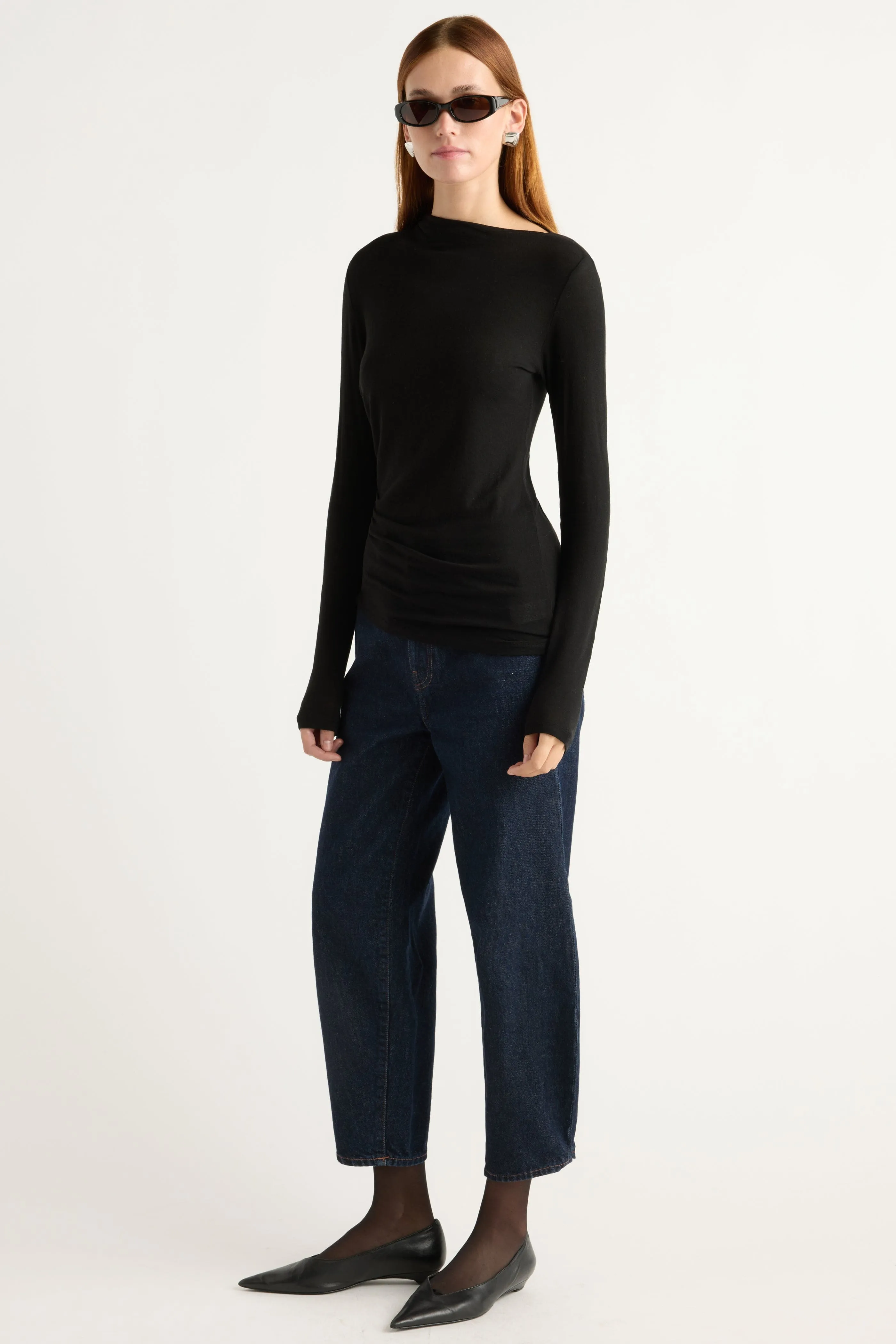 Reinforced Hems Smart Outfit Vittoria Asymmetric-Neck Semi-Sheer Ruched Tee