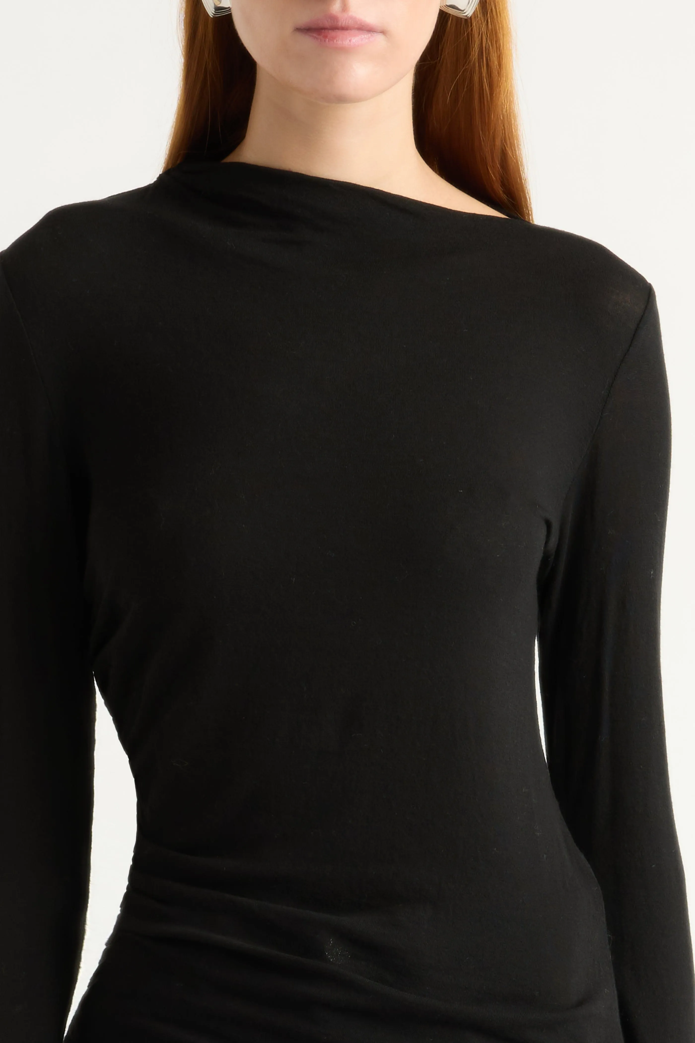 Vittoria Asymmetric-Neck Semi-Sheer Ruched Tee Everyday Style Trend Seasonal Outfit