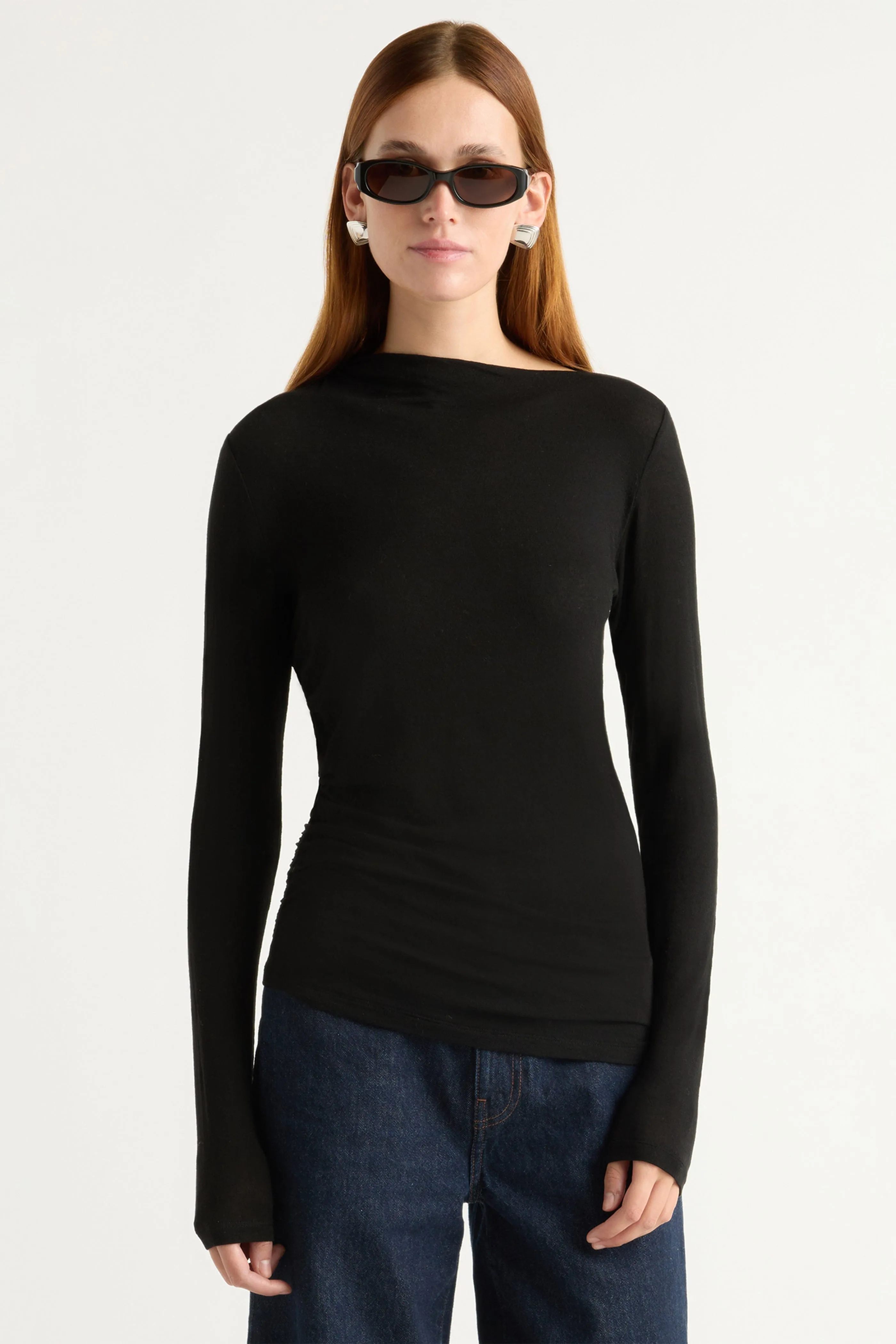 Vittoria Asymmetric-Neck Semi-Sheer Ruched Tee Pastel color Playful Prints