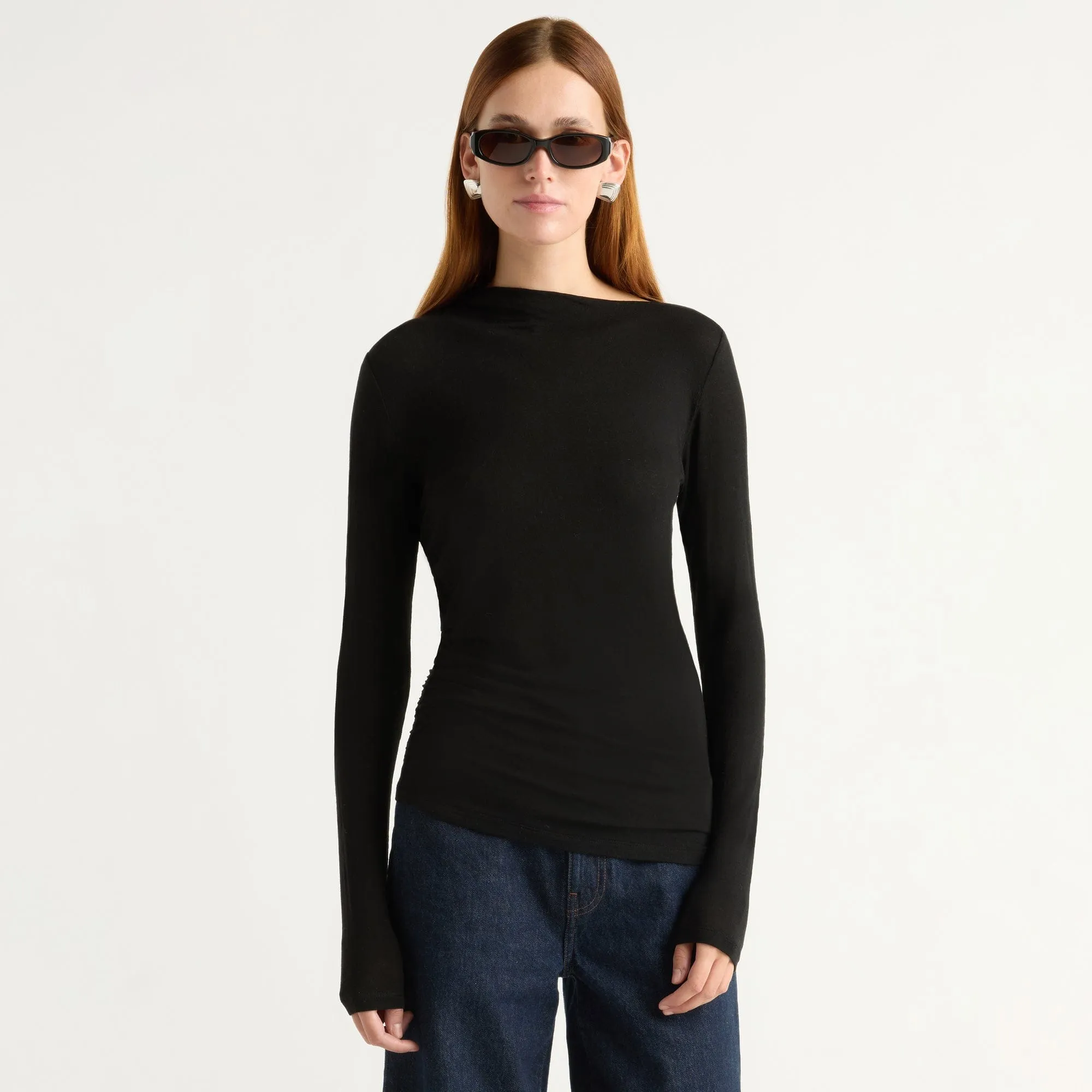 Cozy Comfort Look Vittoria Asymmetric-Neck Semi-Sheer Ruched Tee
