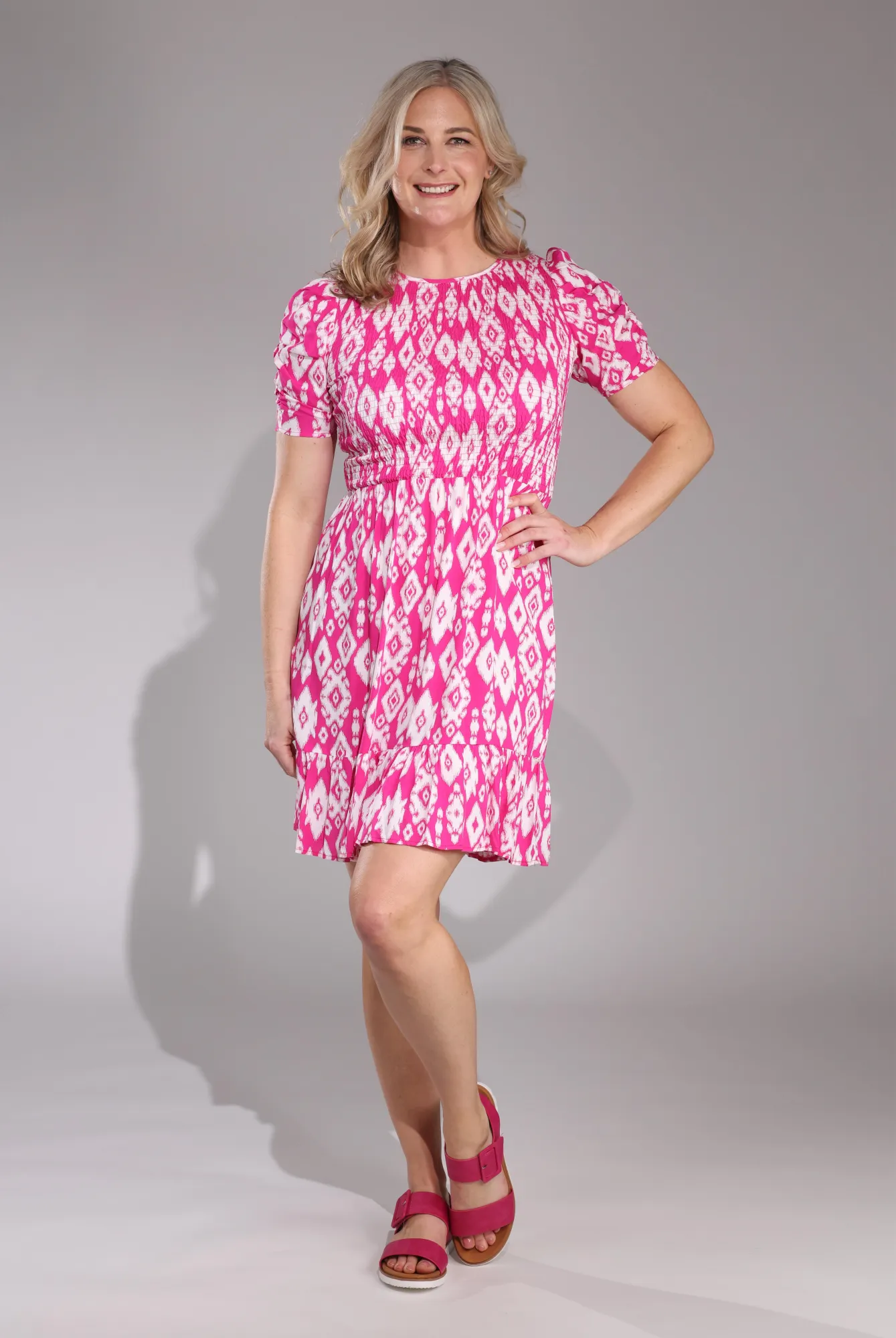 Scandi Clean Shirred bodice lite weight Dress | Cerise White Aztec | 3356C1