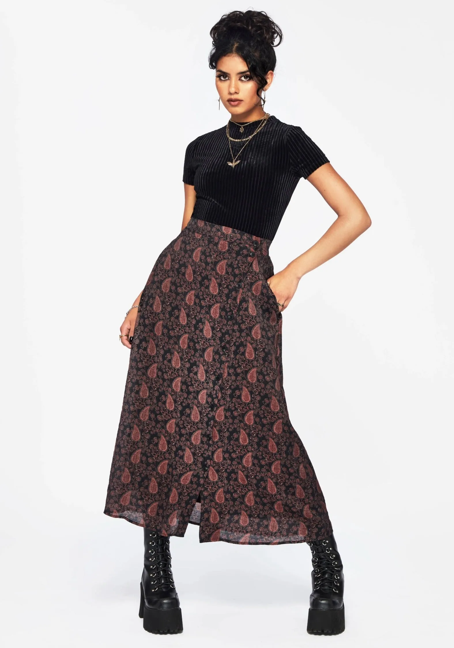 Iconic Style Isola Paisley Print Asymmetric Button Up Midaxi Skirt