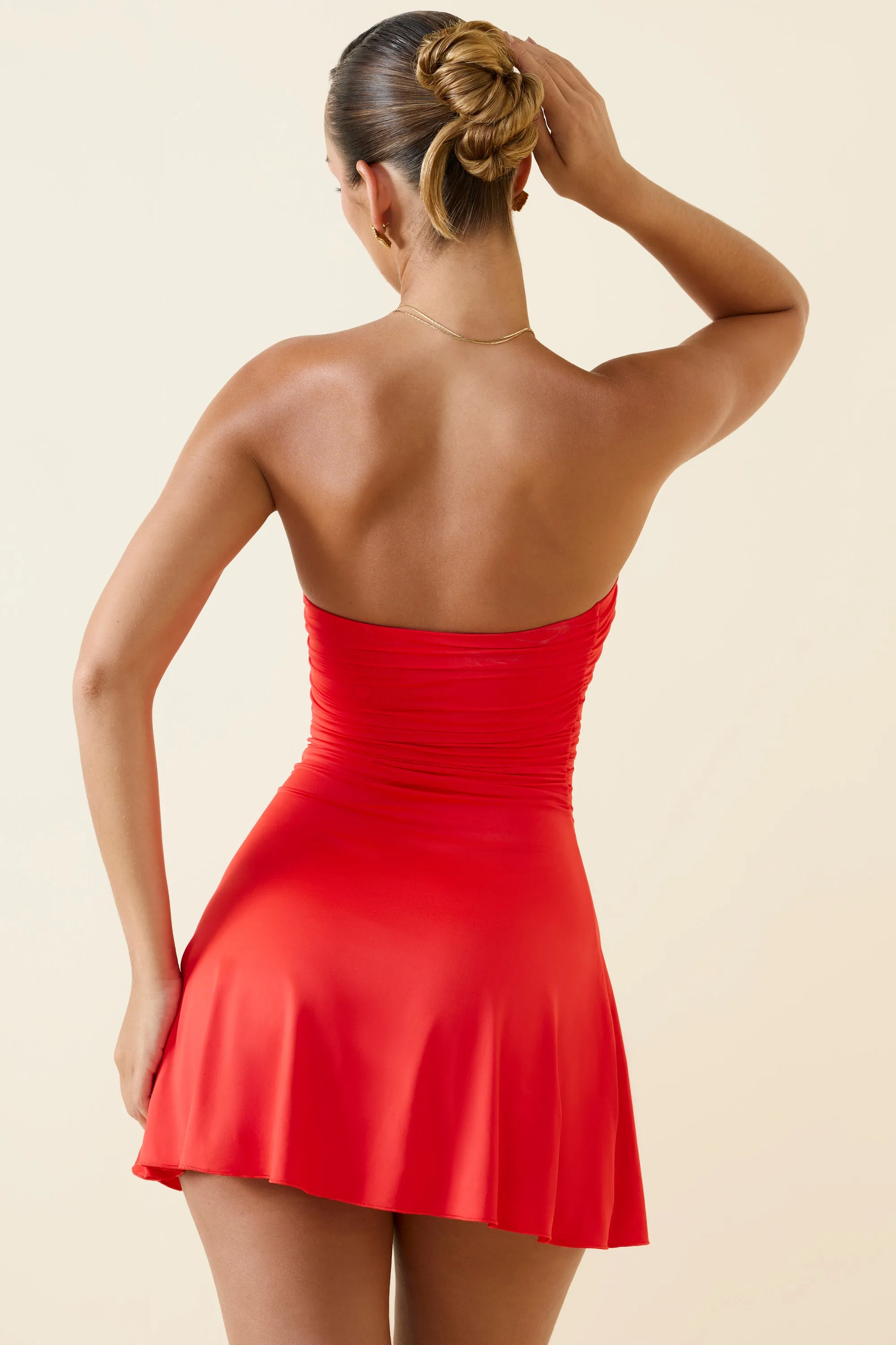 Playful Fashion Bandeau Ruched A-Line Mini Dress in Scarlet