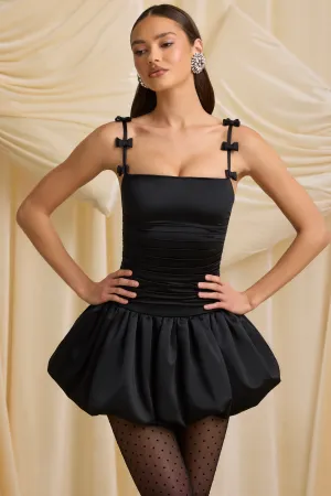 Beat Edge Secure Closure Bow-Detail Ruched Bubble Hem Mini Dress in Black