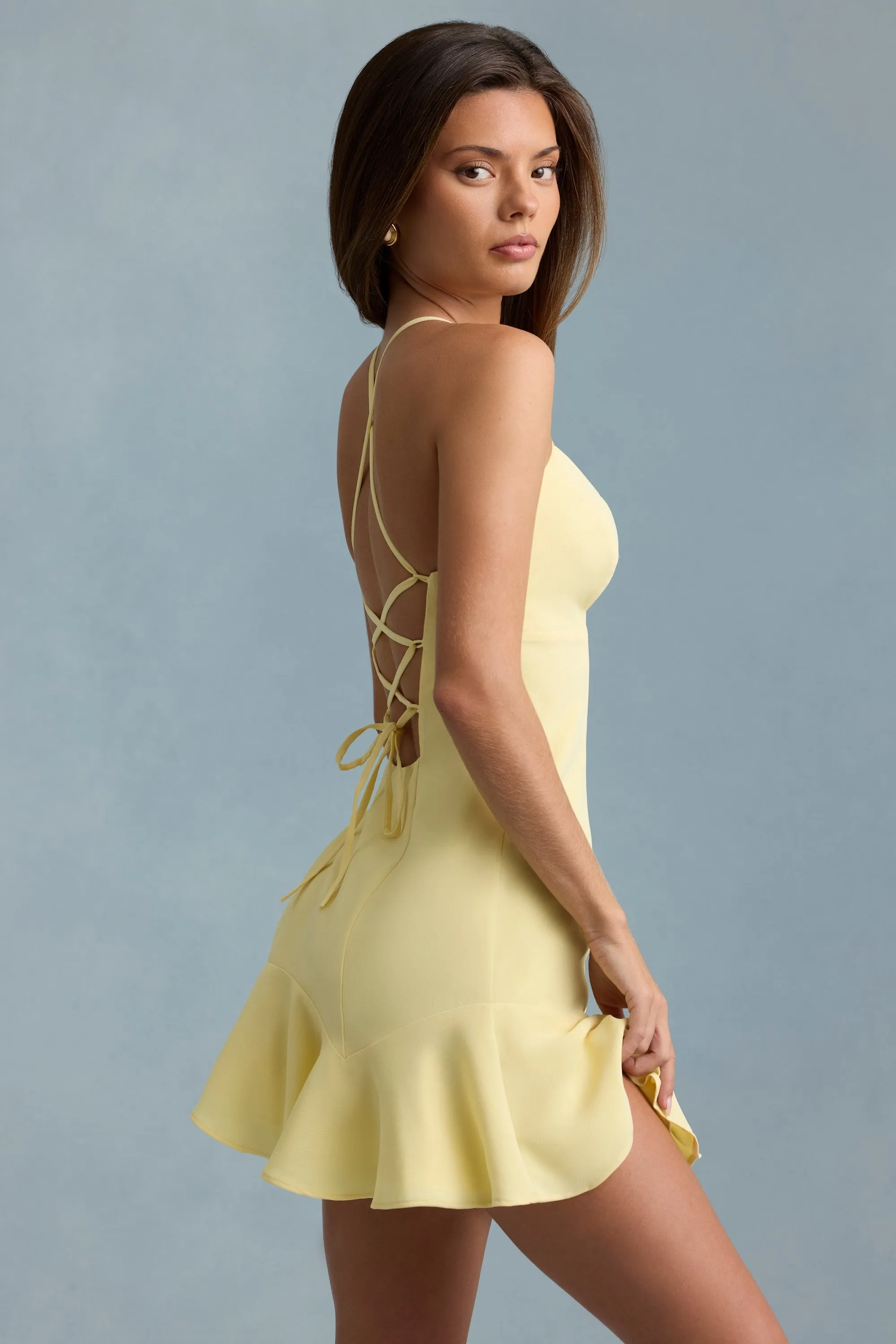 Charming Detail Oversized Pocket Drop-Waist Lace-Up Mini Dress in Yellow