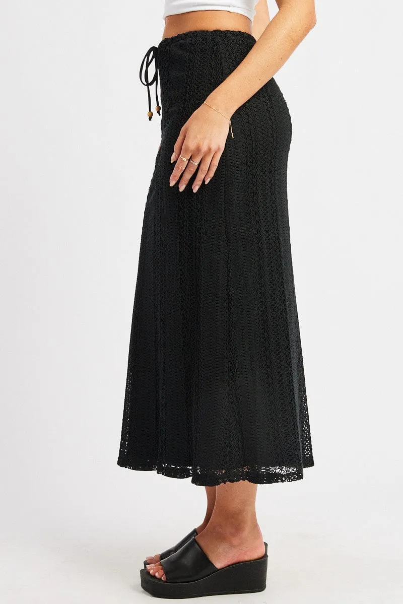 Black Crochet Maxi Skirt High Rise Relaxed Lined Functional Detail